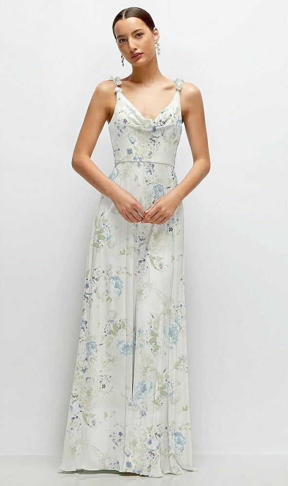 cowl neck chiffon maxi dress with hand-worked petal straps