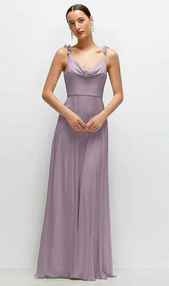 cowl neck chiffon maxi dress with hand-worked petal straps