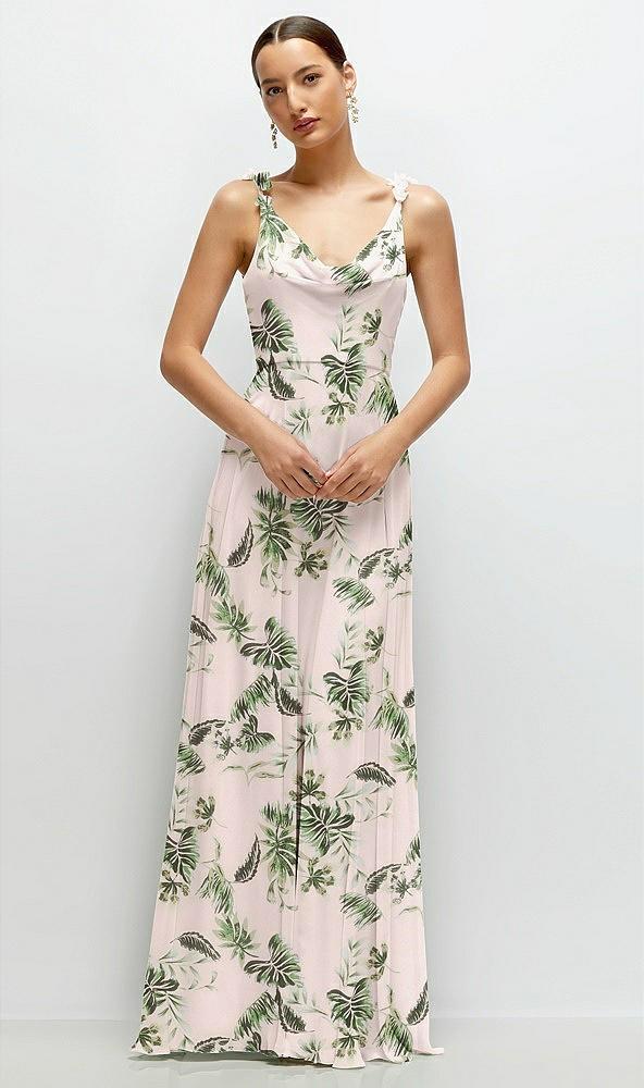 cowl neck chiffon maxi dress with hand-worked petal straps