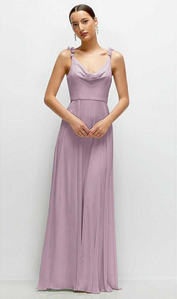 cowl neck chiffon maxi dress with hand-worked petal straps