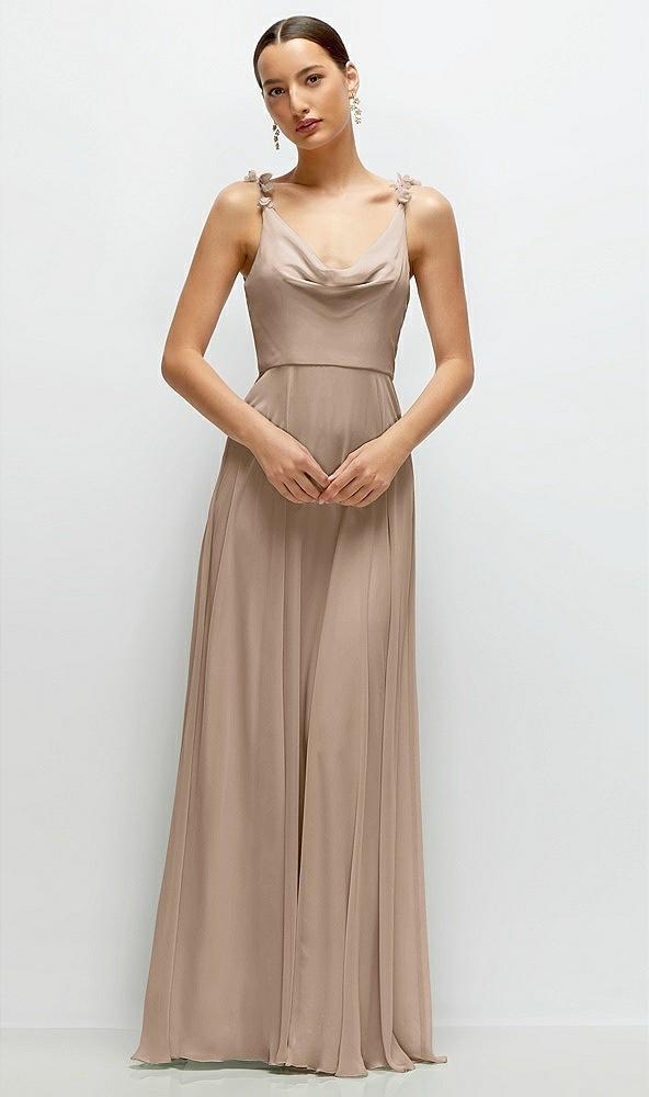 cowl neck chiffon maxi dress with hand-worked petal straps