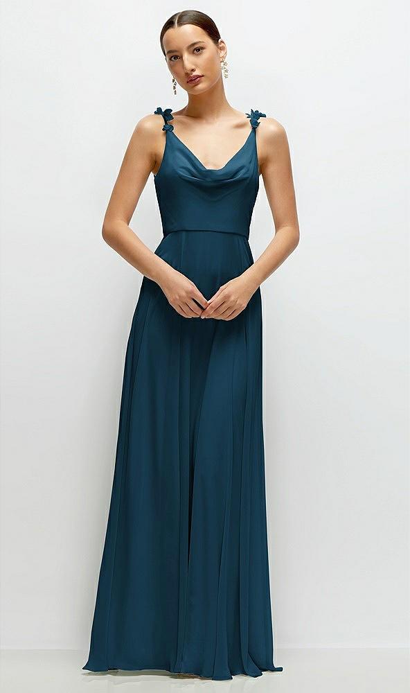cowl neck chiffon maxi dress with hand-worked petal straps