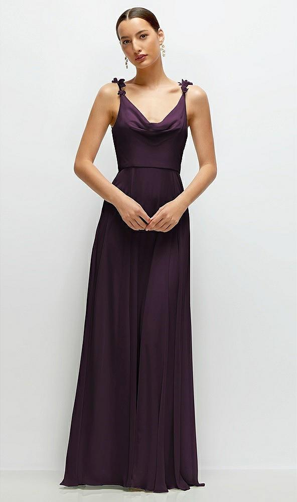 cowl neck chiffon maxi dress with hand-worked petal straps