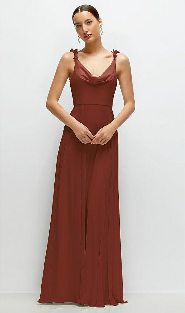 cowl neck chiffon maxi dress with hand-worked petal straps