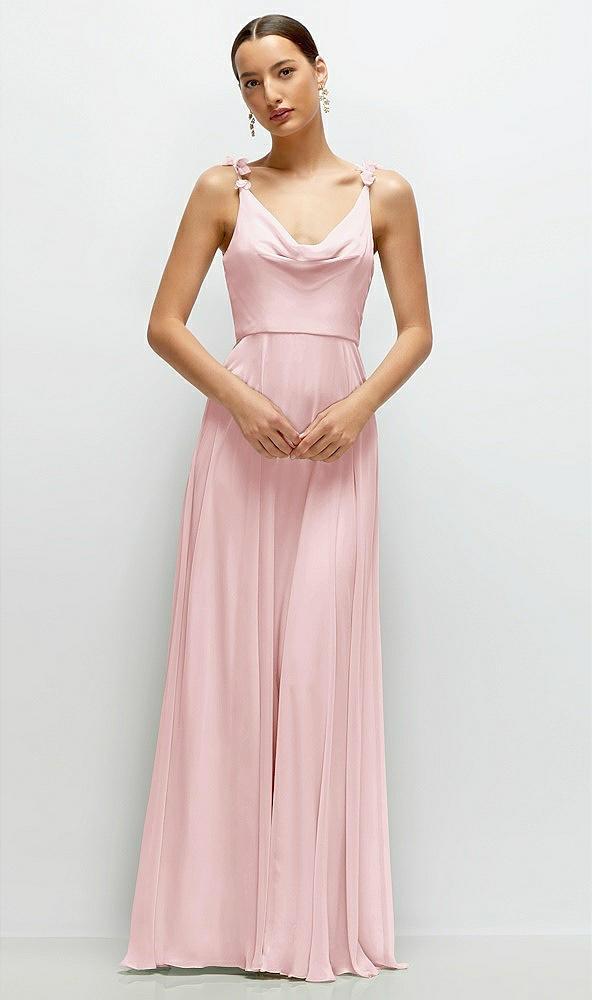 cowl neck chiffon maxi dress with hand-worked petal straps