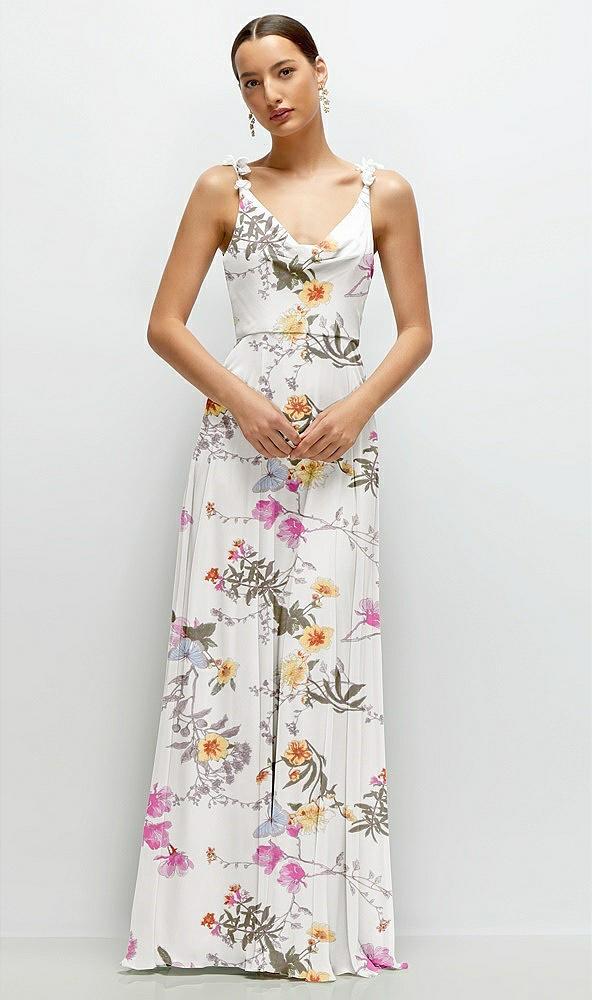 cowl neck chiffon maxi dress with hand-worked petal straps