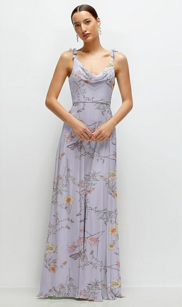 cowl neck chiffon maxi dress with hand-worked petal straps