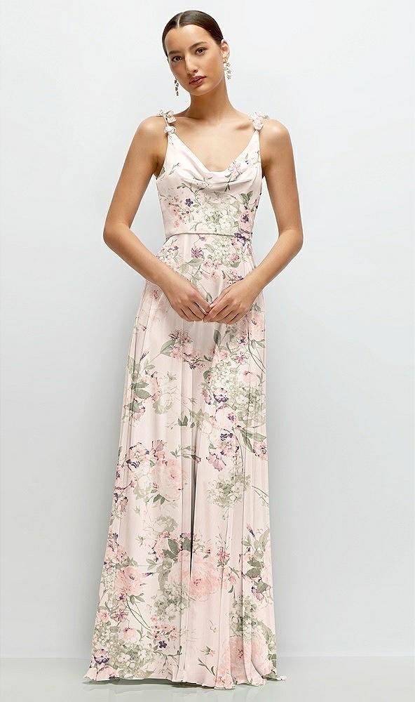 cowl neck chiffon maxi dress with hand-worked petal straps