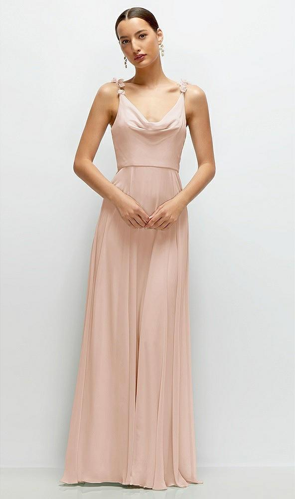 cowl neck chiffon maxi dress with hand-worked petal straps