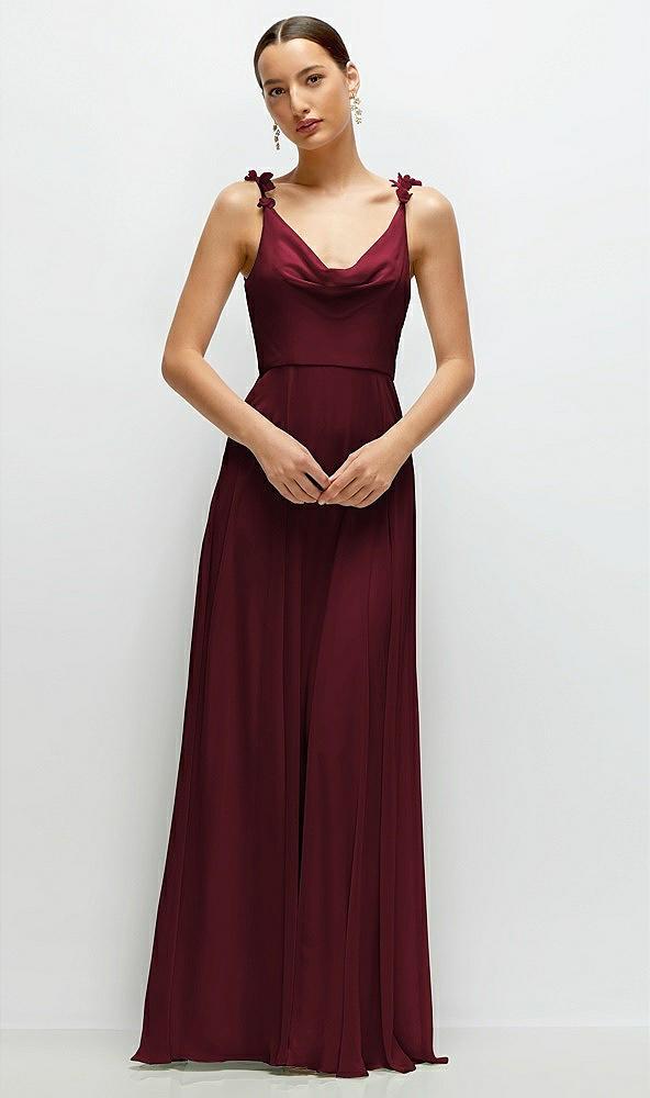 cowl neck chiffon maxi dress with hand-worked petal straps