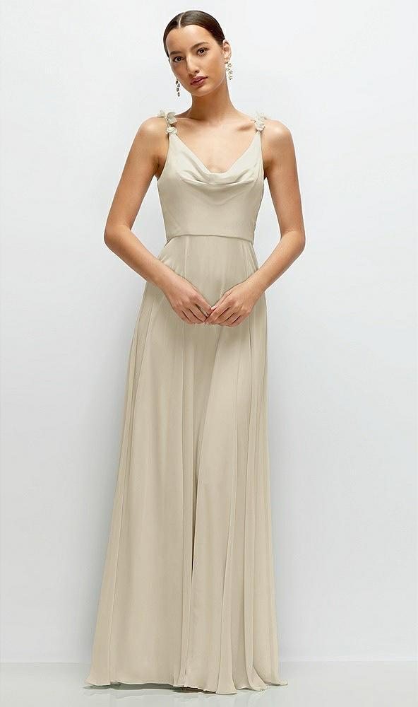 cowl neck chiffon maxi dress with hand-worked petal straps