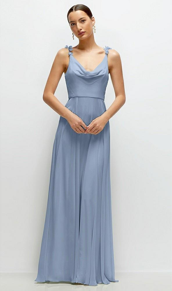 cowl neck chiffon maxi dress with hand-worked petal straps