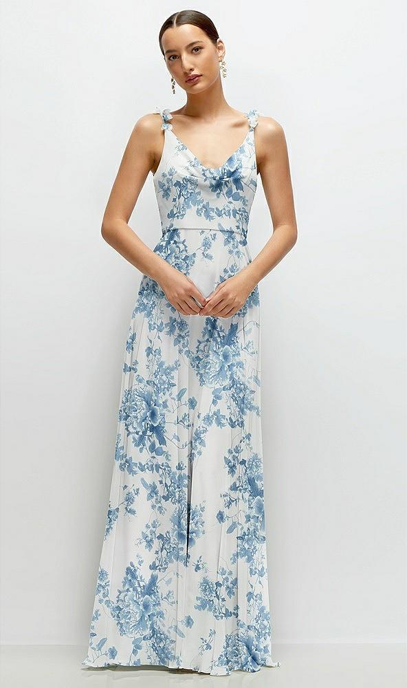 cowl neck chiffon maxi dress with hand-worked petal straps