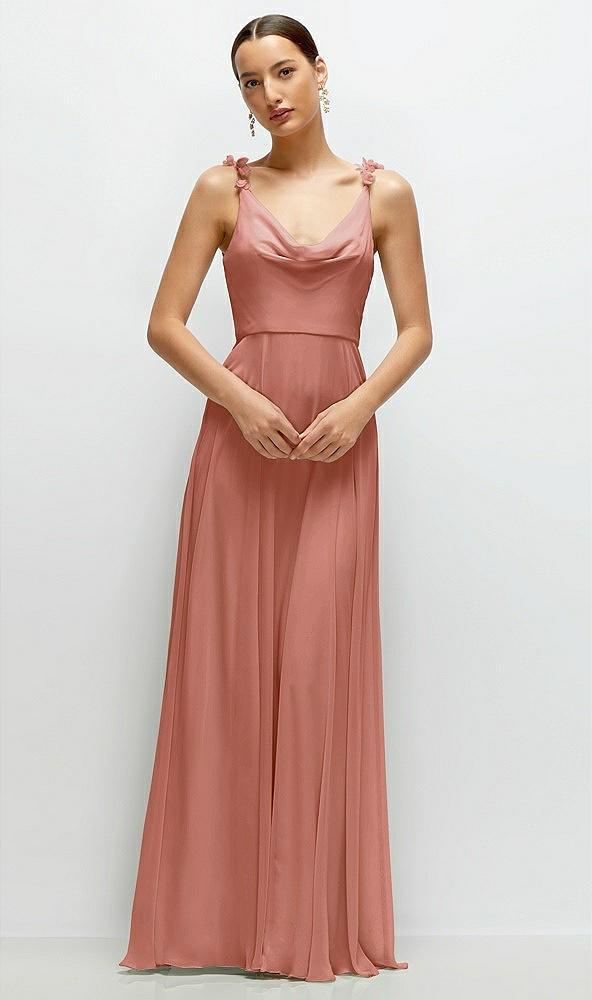 cowl neck chiffon maxi dress with hand-worked petal straps