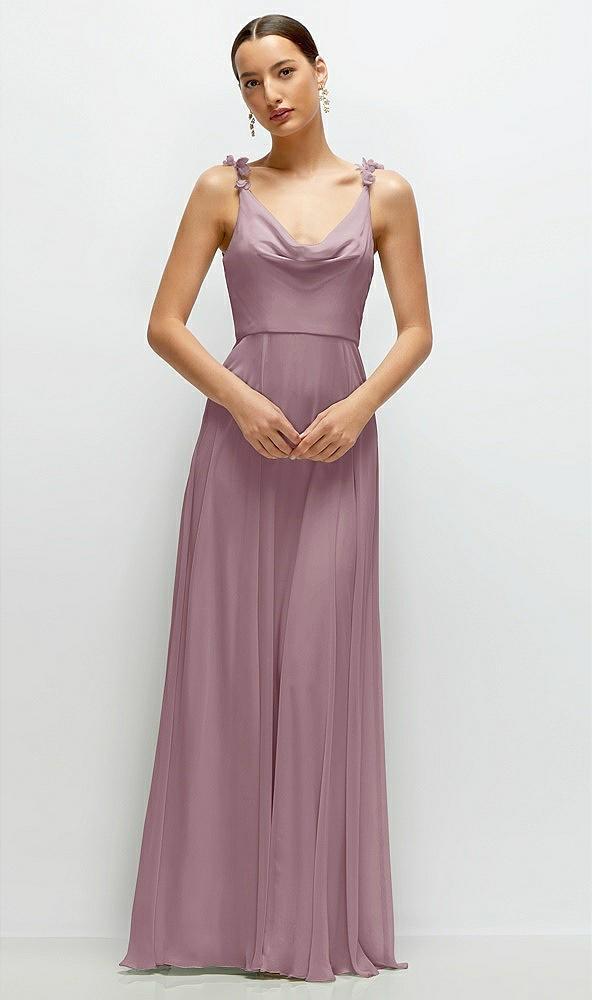 cowl neck chiffon maxi dress with hand-worked petal straps