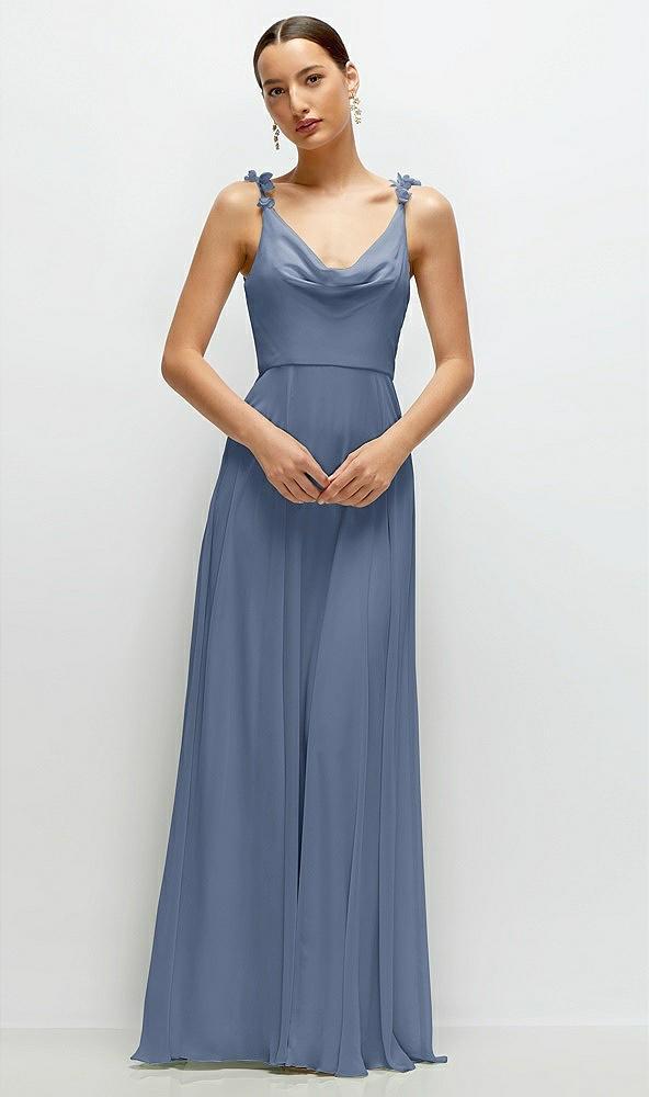 cowl neck chiffon maxi dress with hand-worked petal straps