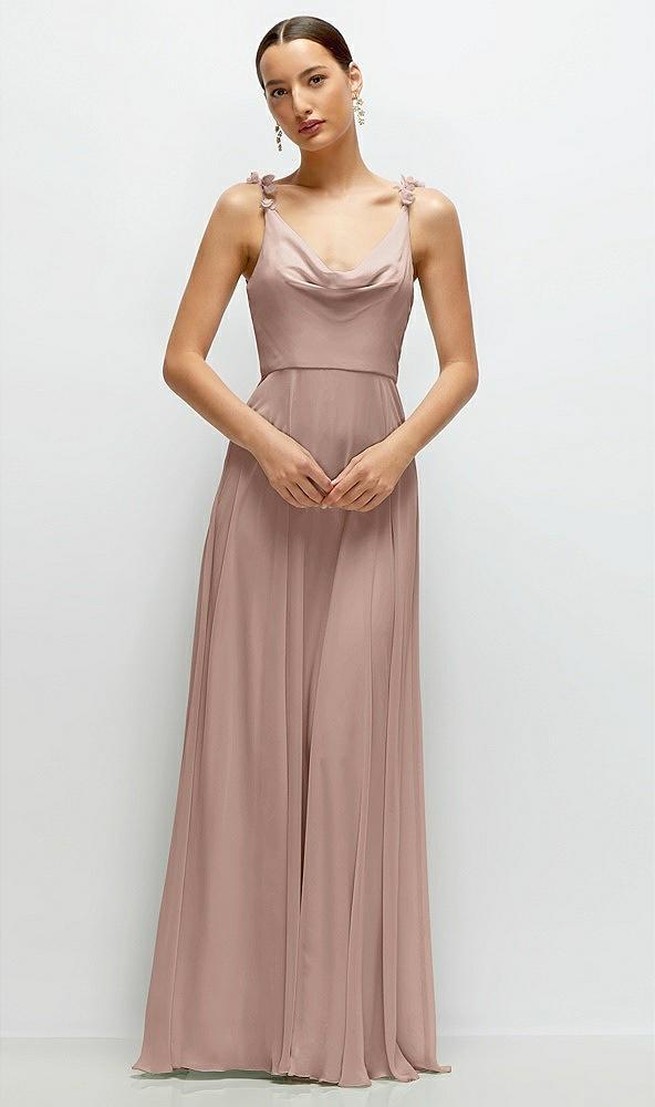 cowl neck chiffon maxi dress with hand-worked petal straps