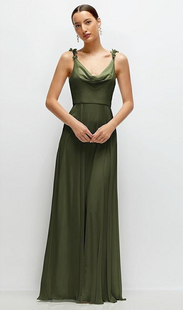 cowl neck chiffon maxi dress with hand-worked petal straps