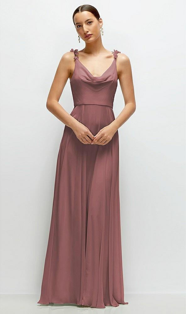 cowl neck chiffon maxi dress with hand-worked petal straps