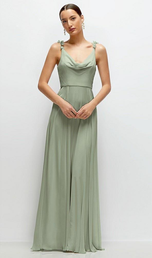 cowl neck chiffon maxi dress with hand-worked petal straps