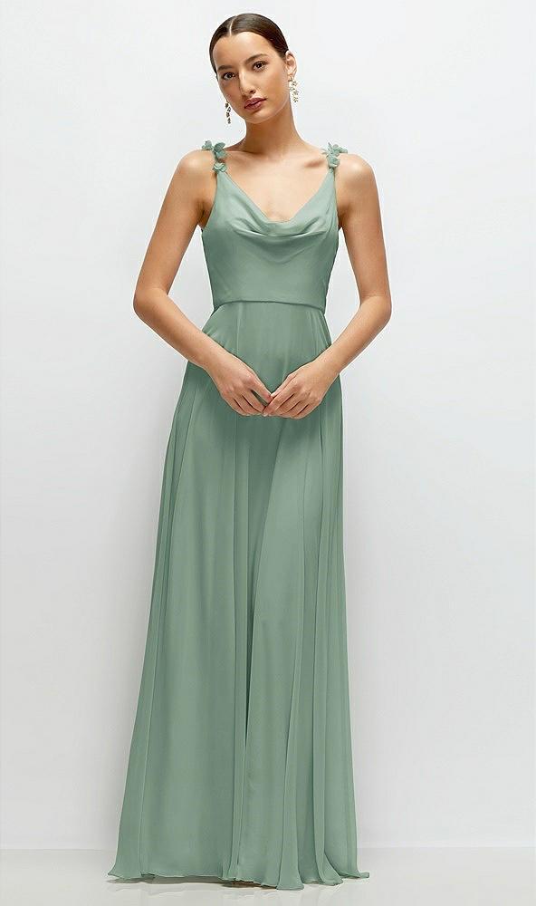 cowl neck chiffon maxi dress with hand-worked petal straps