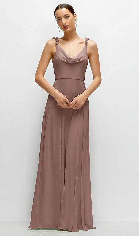 cowl neck chiffon maxi dress with hand-worked petal straps