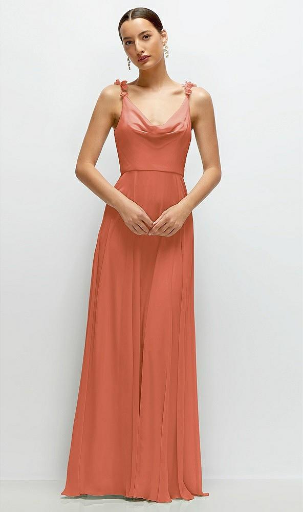cowl neck chiffon maxi dress with hand-worked petal straps