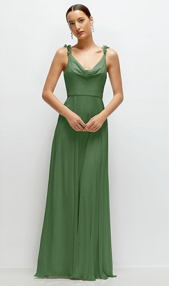 cowl neck chiffon maxi dress with hand-worked petal straps