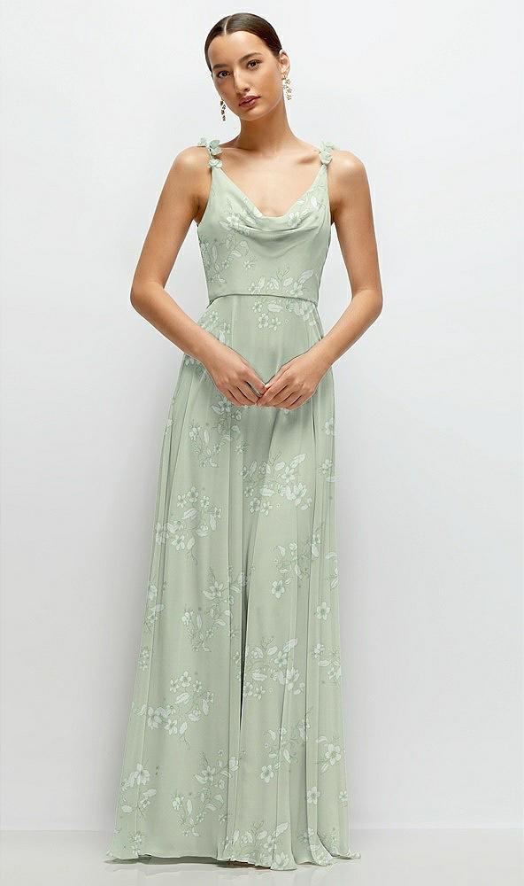 cowl neck chiffon maxi dress with hand-worked petal straps