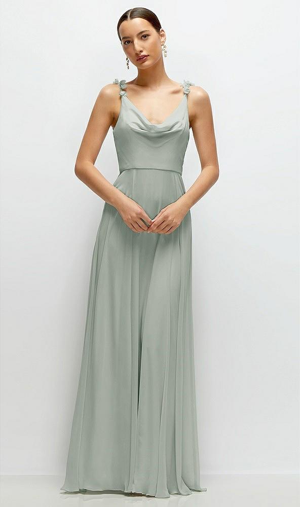 cowl neck chiffon maxi dress with hand-worked petal straps