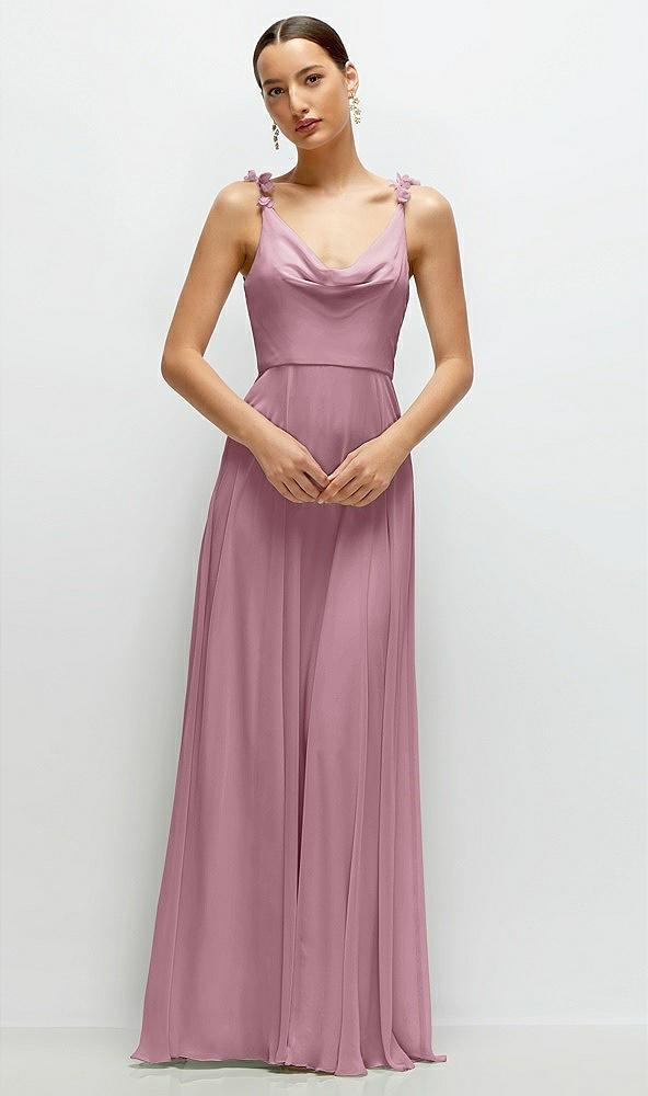 cowl neck chiffon maxi dress with hand-worked petal straps