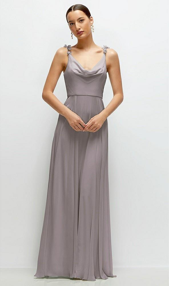cowl neck chiffon maxi dress with hand-worked petal straps