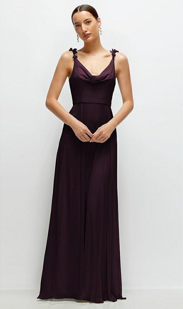 cowl neck chiffon maxi dress with hand-worked petal straps