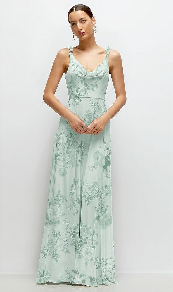 cowl neck chiffon maxi dress with hand-worked petal straps