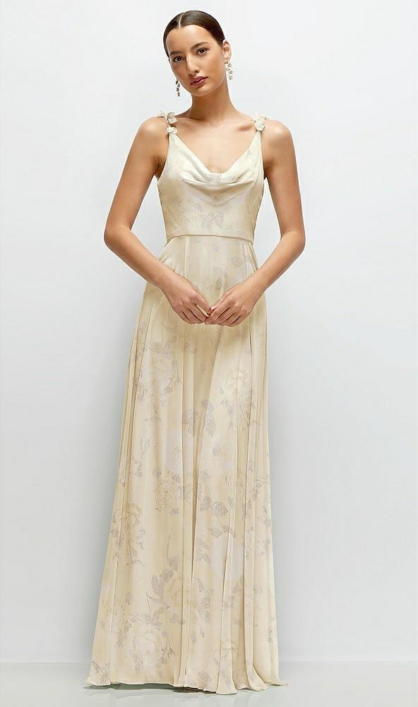 cowl neck chiffon maxi dress with hand-worked petal straps