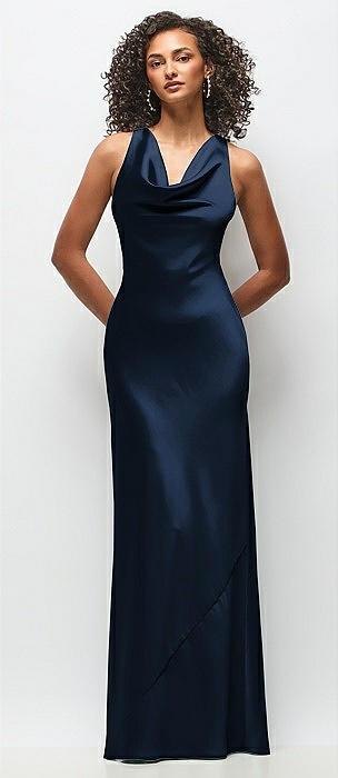 cowl neck criss-cross back satin maxi dress