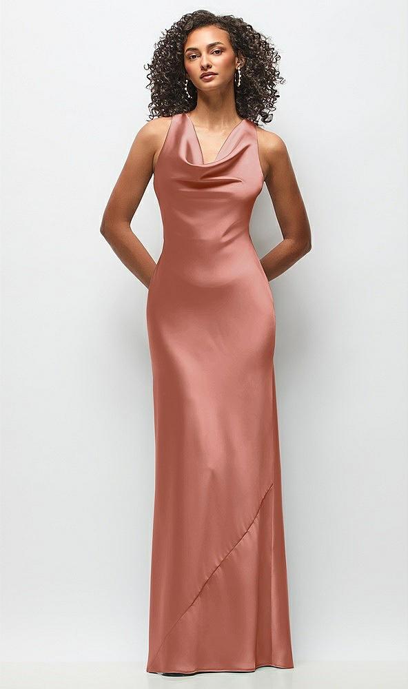 cowl neck criss-cross back satin maxi dress
