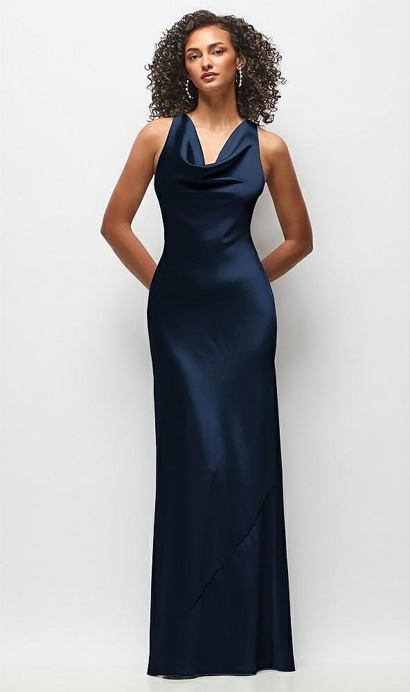 cowl neck criss-cross back satin maxi dress