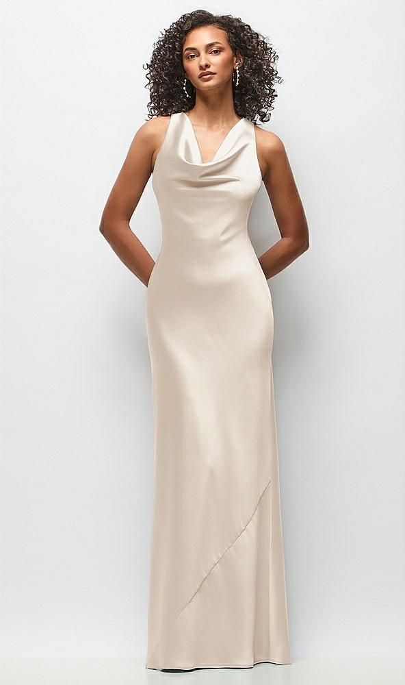 cowl neck criss-cross back satin maxi dress