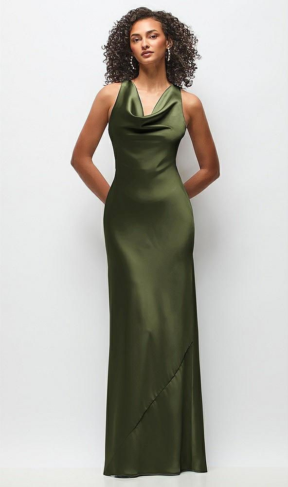 cowl neck criss-cross back satin maxi dress