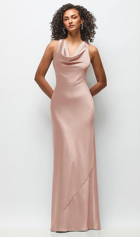 cowl neck criss-cross back satin maxi dress