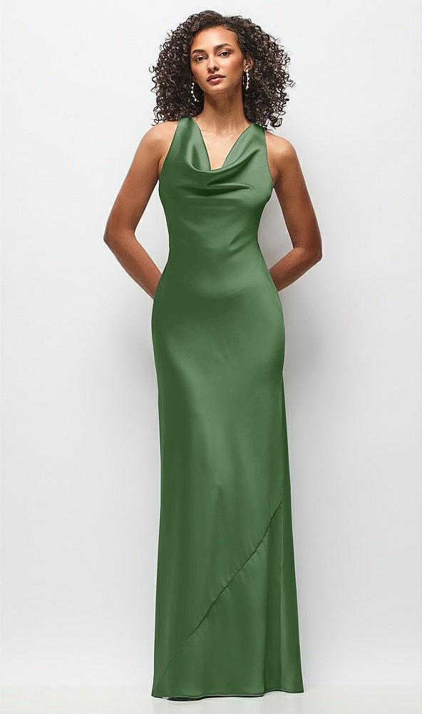 cowl neck criss-cross back satin maxi dress