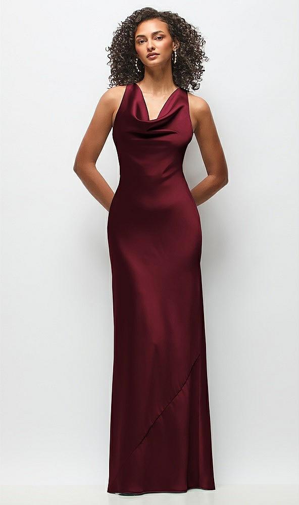 cowl neck criss-cross back satin maxi dress