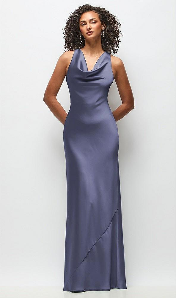 cowl neck criss-cross back satin maxi dress