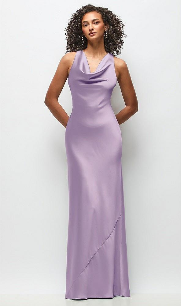 cowl neck criss-cross back satin maxi dress