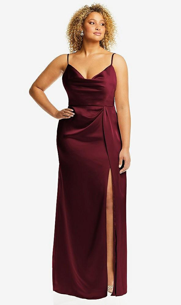 cowl-neck draped wrap maxi dress with front slit