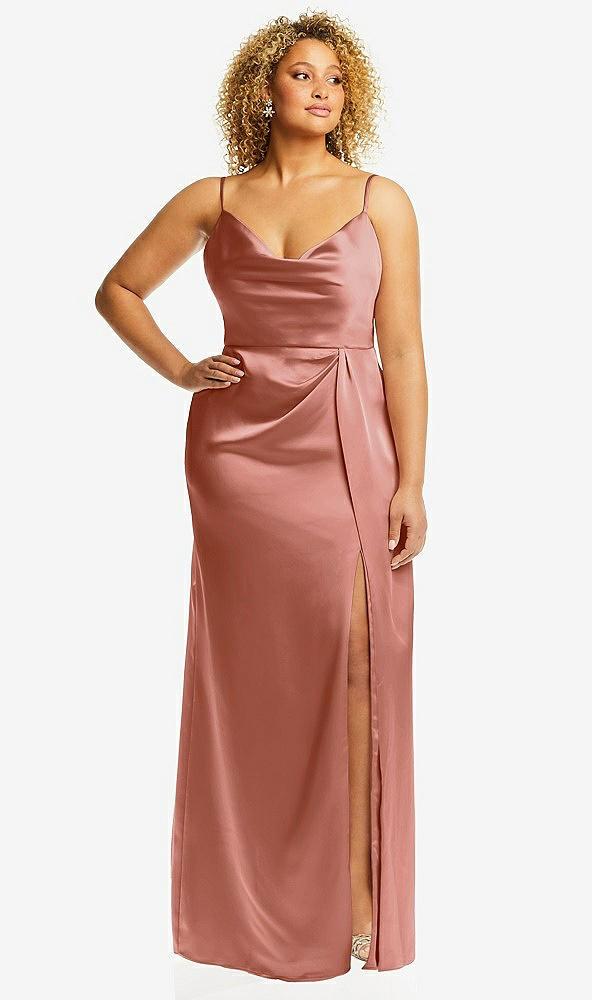 cowl-neck draped wrap maxi dress with front slit