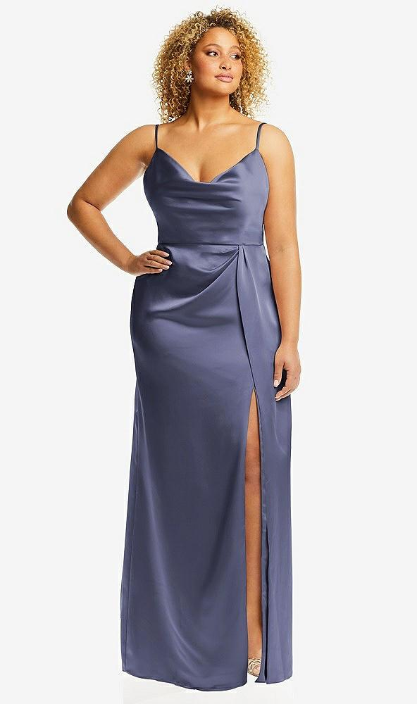 cowl-neck draped wrap maxi dress with front slit