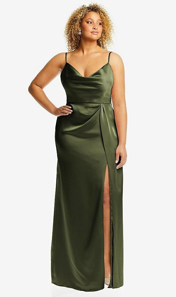 cowl-neck draped wrap maxi dress with front slit