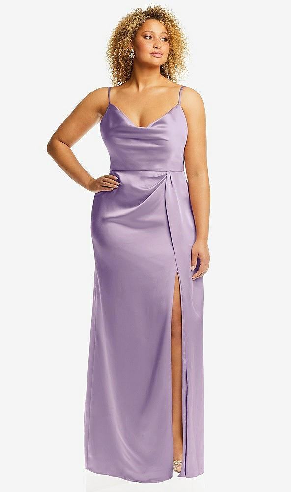 cowl-neck draped wrap maxi dress with front slit
